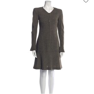 CHANEL Wool Silk CC Logo Tweed Front Zip Bell Cuffs Flare Dress, 38